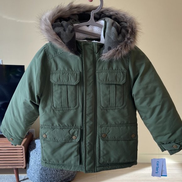 Carter’s Baby Boys Faux Fur Hooded Parka Winter Coat Green Size M/5-6 New - Picture 1 of 8